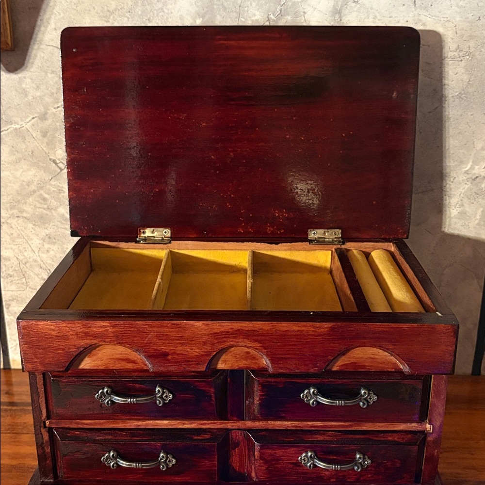Handmade Vintage Wooden Jewelry Box Treasure Chest Stash Spot Lift Top/2 Drawer - Picture 3 of 17